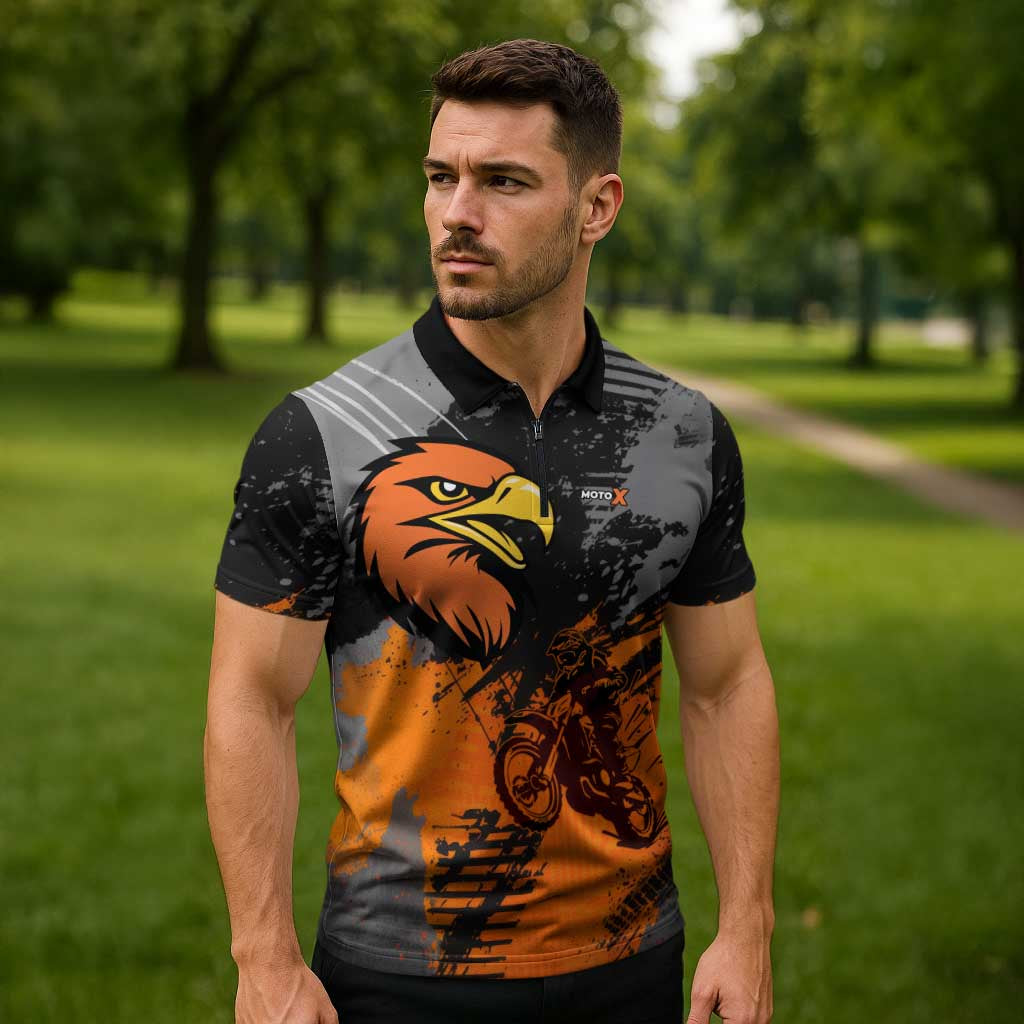 Custom MotoX Eagle Strike Motocross Zipper Polo Shirt with Rider Silhouette and Orange Grunge Design - Wonder Print Shop