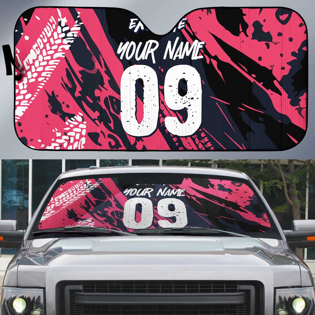 Custom Extreme Motocross Pink Auto Sun Shade with Bold Tire Track Graphics - Wonder Print Shop