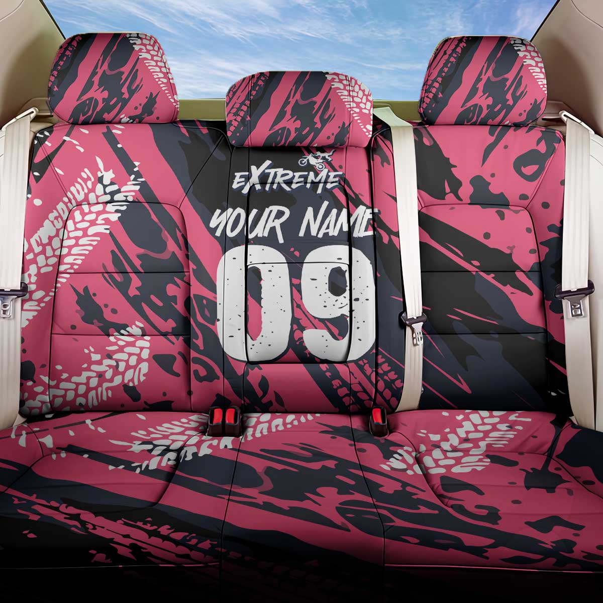 Custom Extreme Motocross Pink Back Car Seat Cover with Bold Tire Track Graphics - Wonder Print Shop