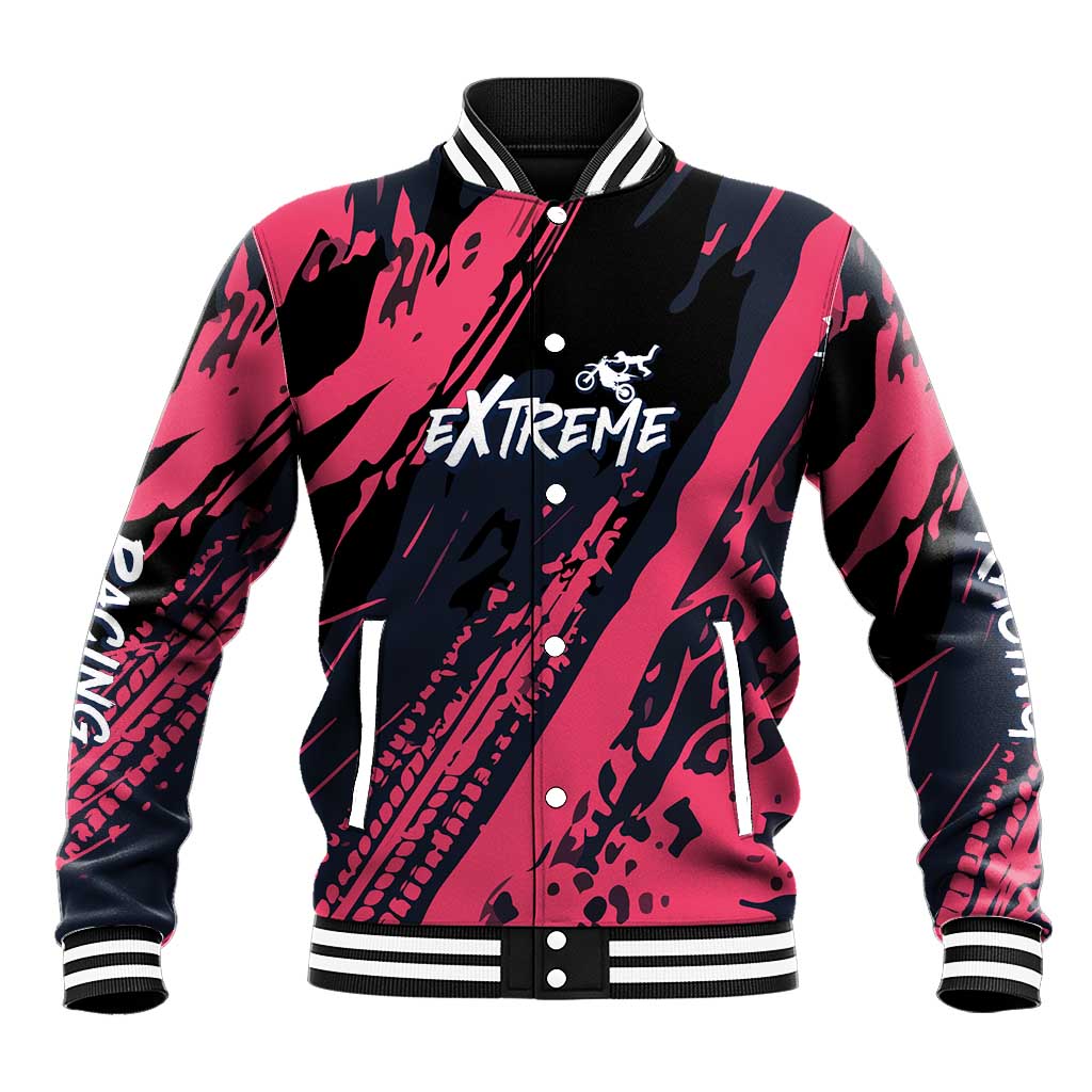 Custom Extreme Motocross Pink Baseball Jacket with Bold Tire Track Graphics - Wonder Print Shop