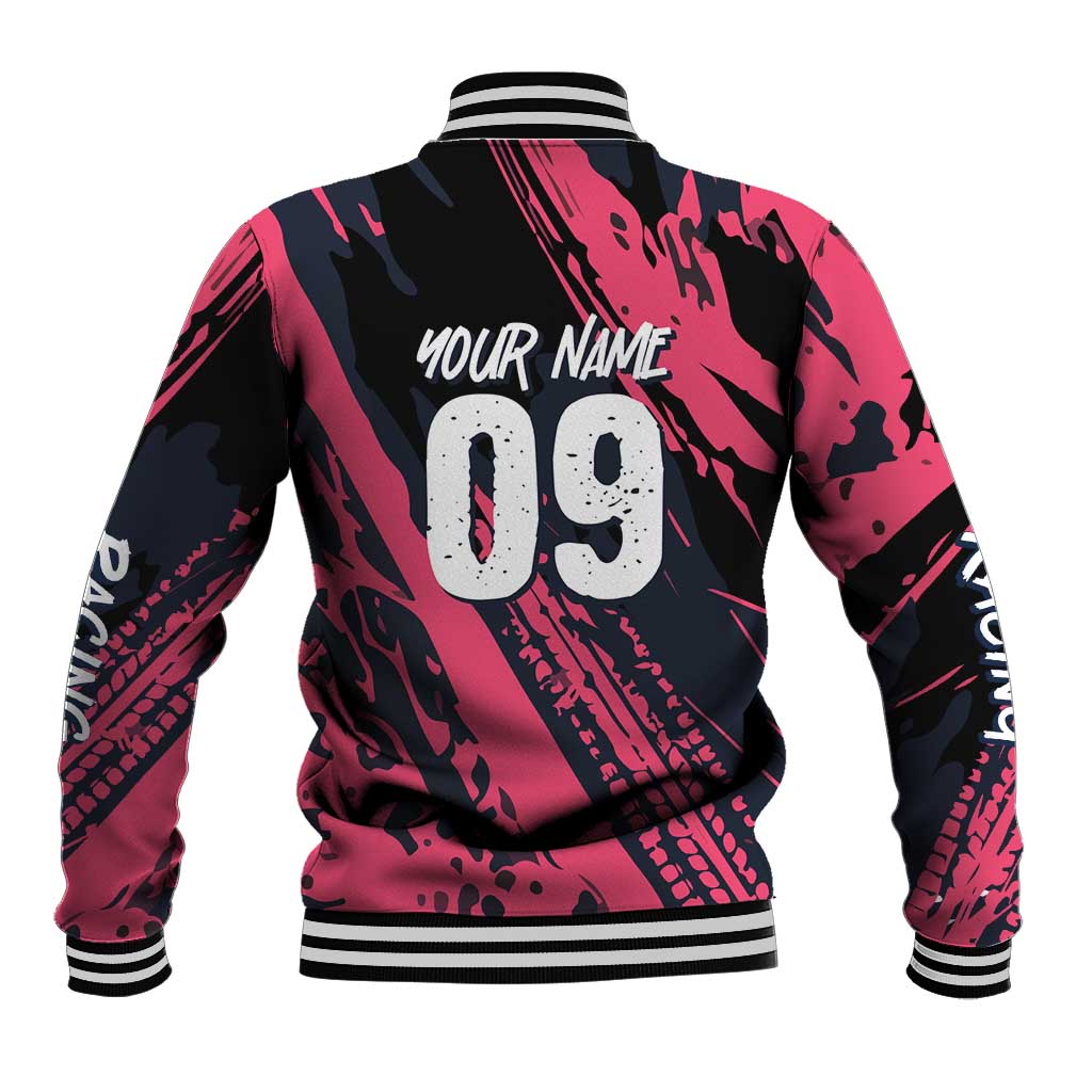 Custom Extreme Motocross Pink Baseball Jacket with Bold Tire Track Graphics - Wonder Print Shop