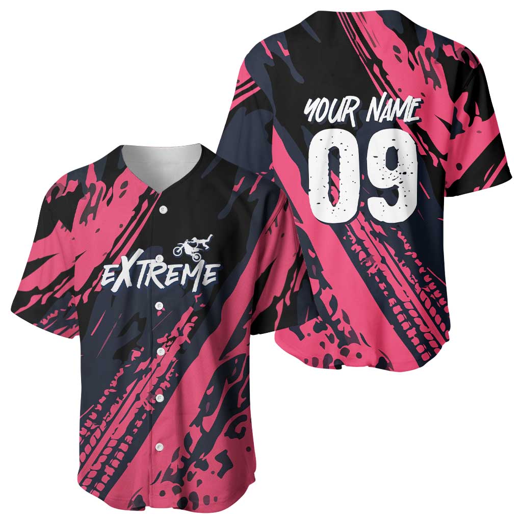 Custom Extreme Motocross Pink Baseball Jersey with Bold Tire Track Graphics - Wonder Print Shop