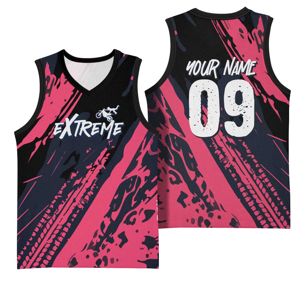 Custom Extreme Motocross Pink Basketball Jersey with Bold Tire Track Graphics - Wonder Print Shop