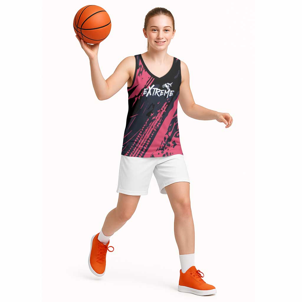 Custom Extreme Motocross Pink Basketball Jersey with Bold Tire Track Graphics - Wonder Print Shop