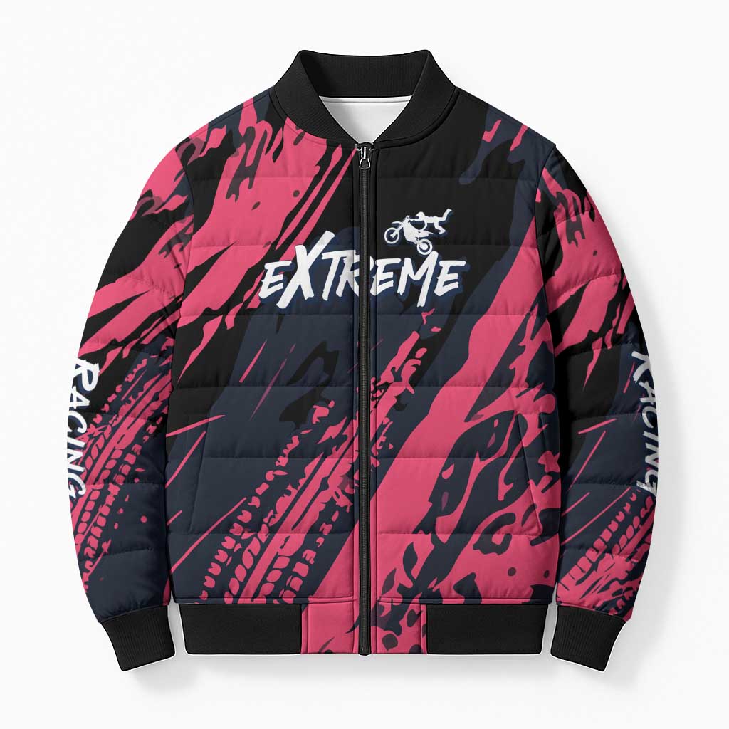 Custom Extreme Motocross Pink Bomber Puffer Jacket with Bold Tire Track Graphics - Wonder Print Shop
