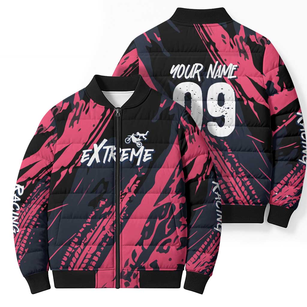 Custom Extreme Motocross Pink Bomber Puffer Jacket with Bold Tire Track Graphics - Wonder Print Shop
