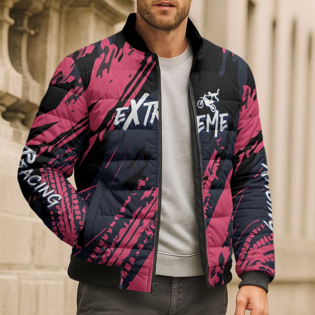 Custom Extreme Motocross Pink Bomber Puffer Jacket with Bold Tire Track Graphics - Wonder Print Shop