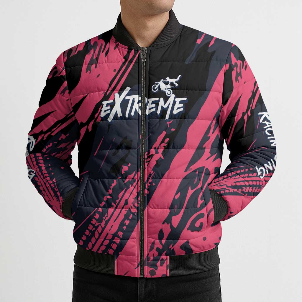 Custom Extreme Motocross Pink Bomber Puffer Jacket with Bold Tire Track Graphics - Wonder Print Shop