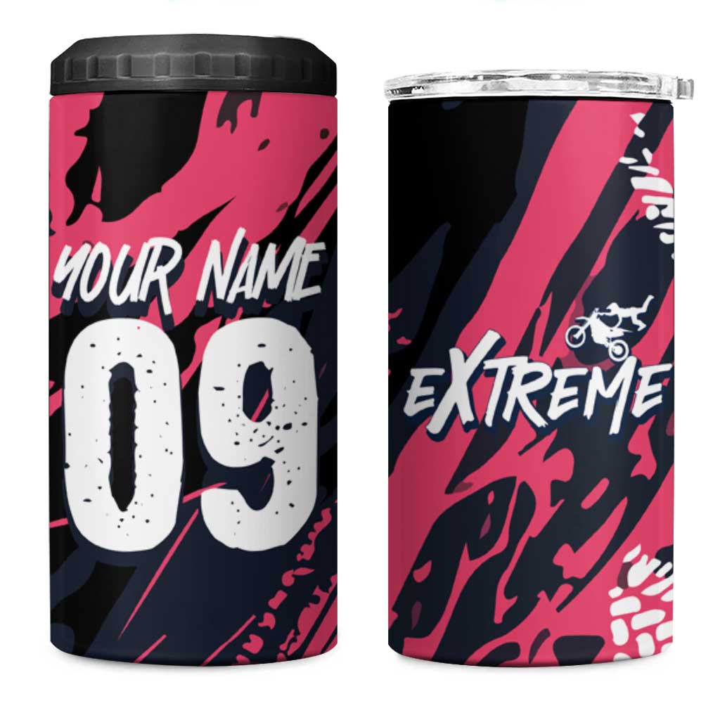 Custom Extreme Motocross Pink 4 in 1 Can Cooler Tumbler with Bold Tire Track Graphics - Wonder Print Shop