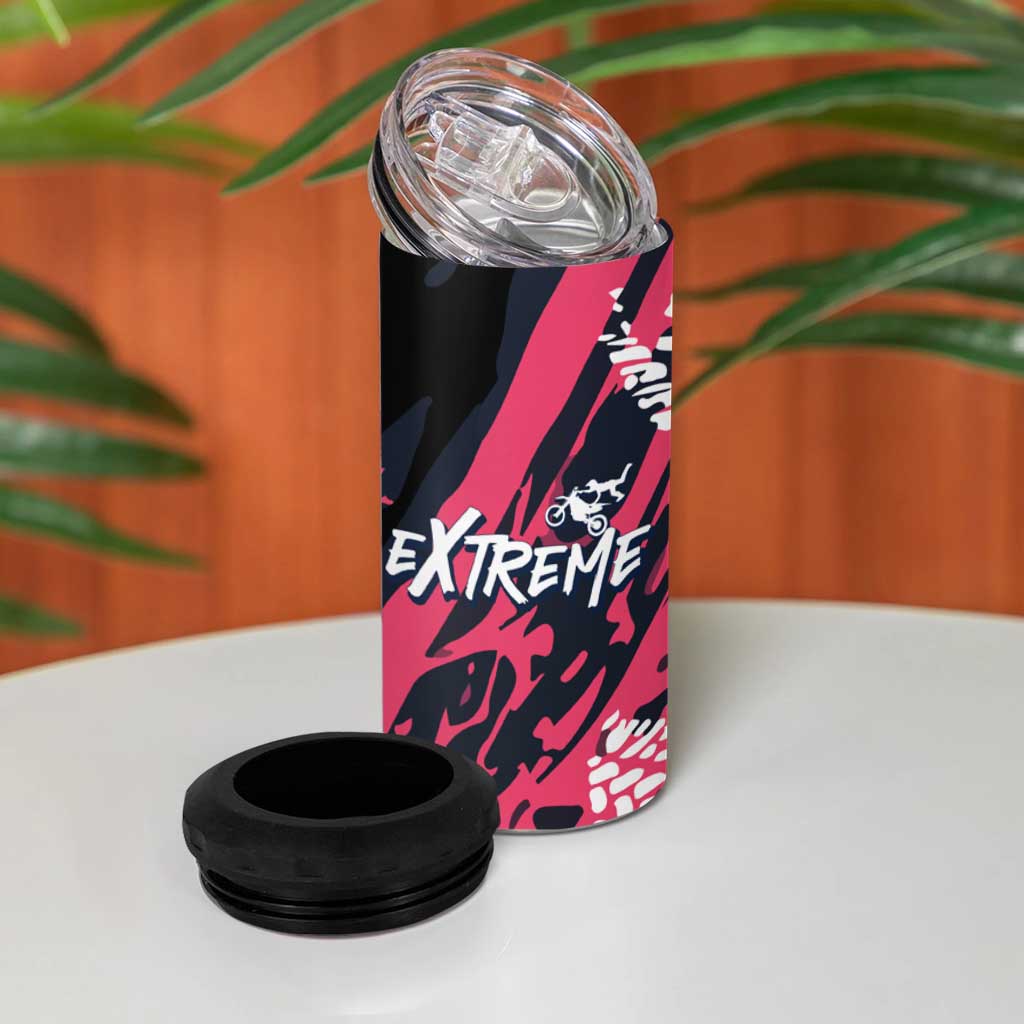 Custom Extreme Motocross Pink 4 in 1 Can Cooler Tumbler with Bold Tire Track Graphics - Wonder Print Shop