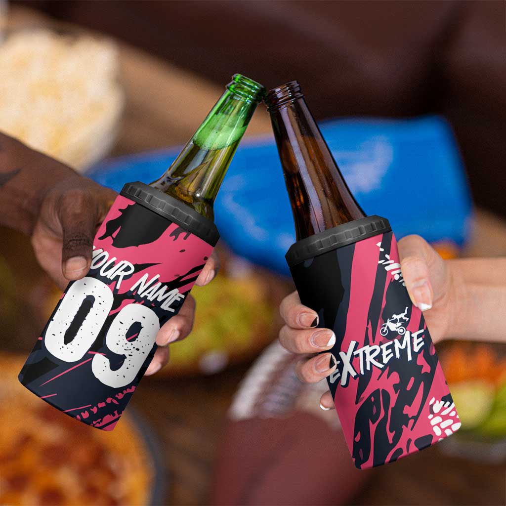 Custom Extreme Motocross Pink 4 in 1 Can Cooler Tumbler with Bold Tire Track Graphics - Wonder Print Shop