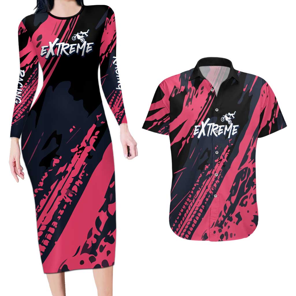 Custom Extreme Motocross Pink Couples Matching Long Sleeve Bodycon Dress and Hawaiian Shirt with Bold Tire Track Graphics - Wonder Print Shop