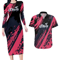 Custom Extreme Motocross Pink Couples Matching Long Sleeve Bodycon Dress and Hawaiian Shirt with Bold Tire Track Graphics - Wonder Print Shop