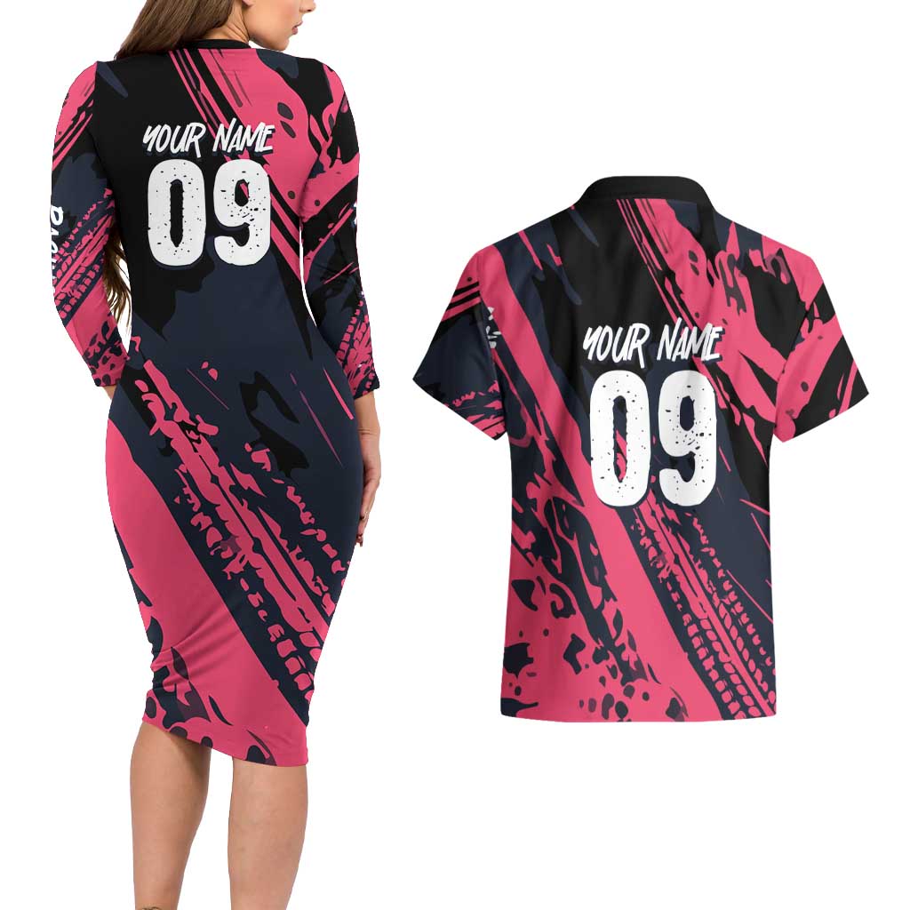 Custom Extreme Motocross Pink Couples Matching Long Sleeve Bodycon Dress and Hawaiian Shirt with Bold Tire Track Graphics - Wonder Print Shop