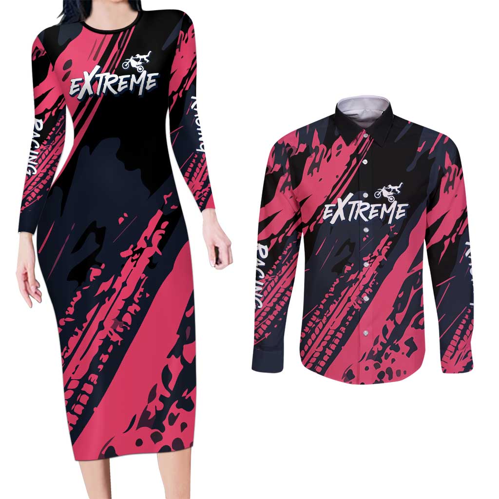 Custom Extreme Motocross Pink Couples Matching Long Sleeve Bodycon Dress and Long Sleeve Button Shirt with Bold Tire Track Graphics - Wonder Print Shop