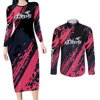 Custom Extreme Motocross Pink Couples Matching Long Sleeve Bodycon Dress and Long Sleeve Button Shirt with Bold Tire Track Graphics - Wonder Print Shop