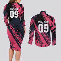 Custom Extreme Motocross Pink Couples Matching Long Sleeve Bodycon Dress and Long Sleeve Button Shirt with Bold Tire Track Graphics - Wonder Print Shop