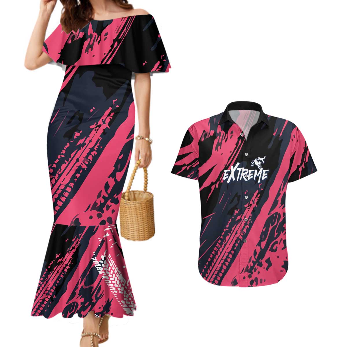 Custom Extreme Motocross Pink Couples Matching Mermaid Dress and Hawaiian Shirt with Bold Tire Track Graphics - Wonder Print Shop