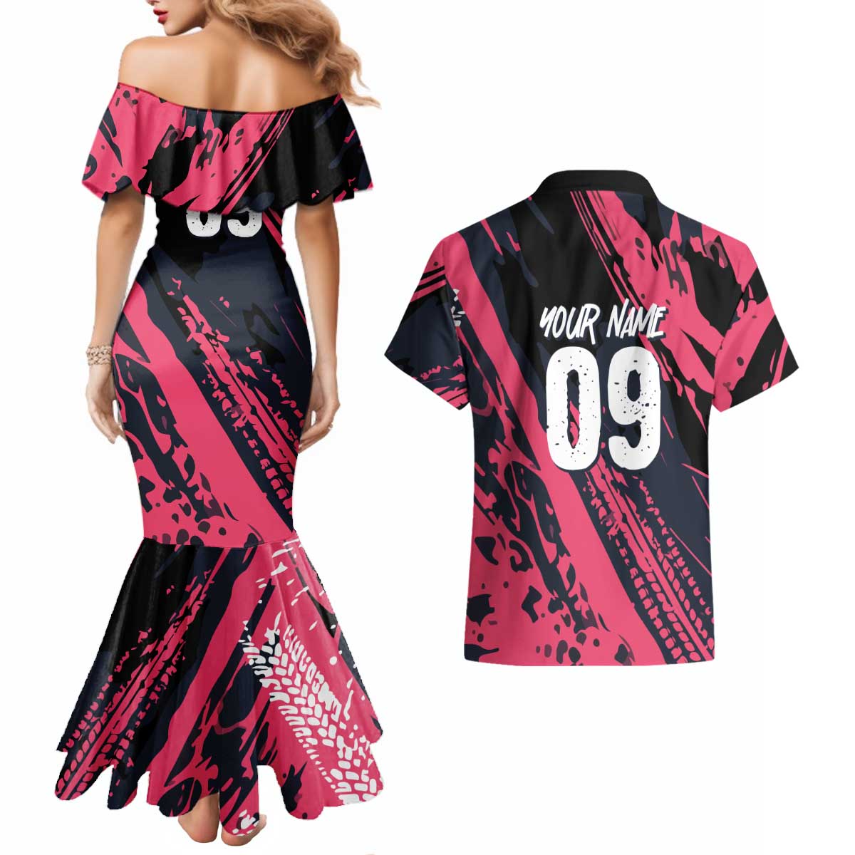 Custom Extreme Motocross Pink Couples Matching Mermaid Dress and Hawaiian Shirt with Bold Tire Track Graphics - Wonder Print Shop