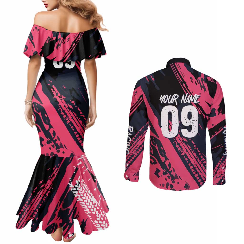 Custom Extreme Motocross Pink Couples Matching Mermaid Dress and Long Sleeve Button Shirt with Bold Tire Track Graphics - Wonder Print Shop