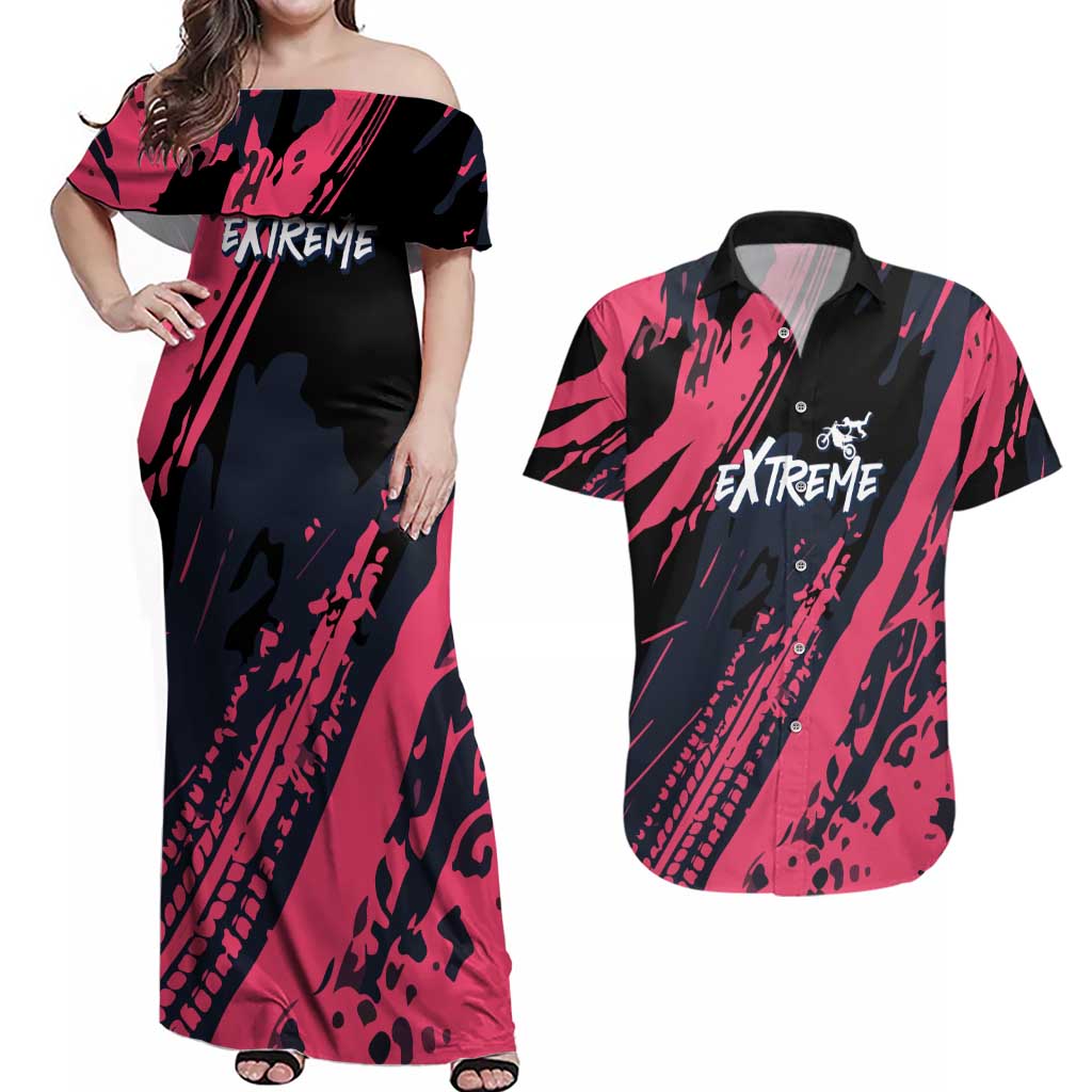 Custom Extreme Motocross Pink Couples Matching Off Shoulder Maxi Dress and Hawaiian Shirt with Bold Tire Track Graphics - Wonder Print Shop