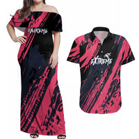 Custom Extreme Motocross Pink Couples Matching Off Shoulder Maxi Dress and Hawaiian Shirt with Bold Tire Track Graphics - Wonder Print Shop