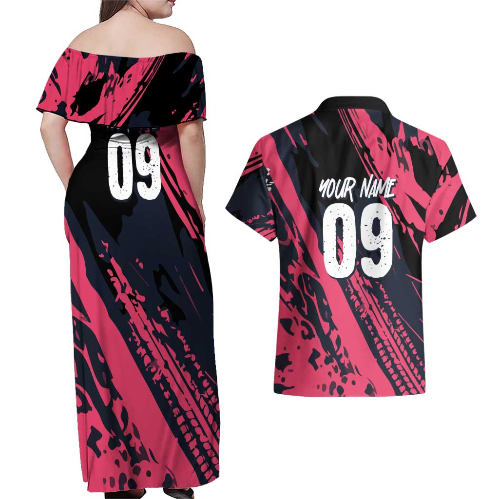 Custom Extreme Motocross Pink Couples Matching Off Shoulder Maxi Dress and Hawaiian Shirt with Bold Tire Track Graphics - Wonder Print Shop