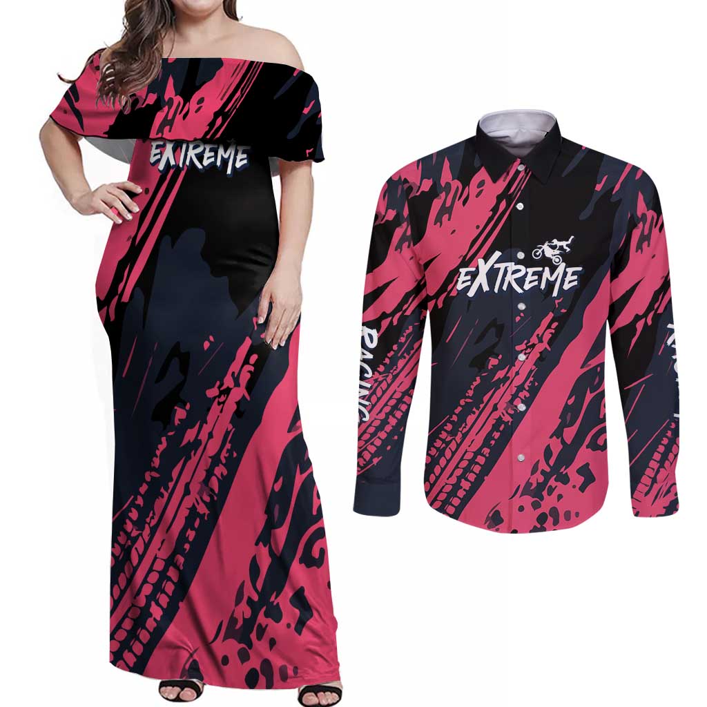 Custom Extreme Motocross Pink Couples Matching Off Shoulder Maxi Dress and Long Sleeve Button Shirt with Bold Tire Track Graphics - Wonder Print Shop