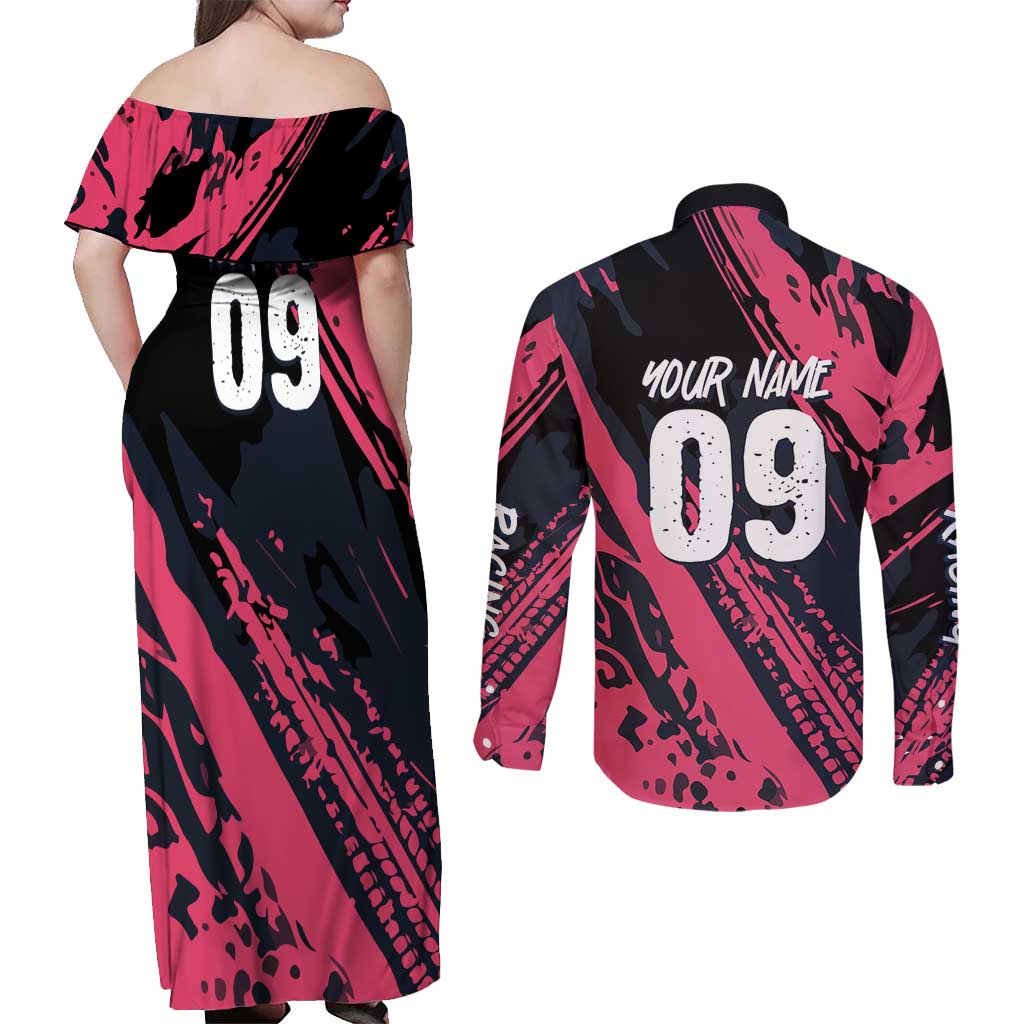 Custom Extreme Motocross Pink Couples Matching Off Shoulder Maxi Dress and Long Sleeve Button Shirt with Bold Tire Track Graphics - Wonder Print Shop