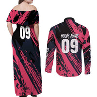 Custom Extreme Motocross Pink Couples Matching Off Shoulder Maxi Dress and Long Sleeve Button Shirt with Bold Tire Track Graphics - Wonder Print Shop