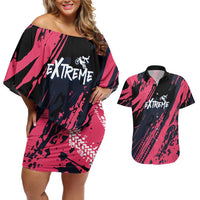 Custom Extreme Motocross Pink Couples Matching Off Shoulder Short Dress and Hawaiian Shirt with Bold Tire Track Graphics - Wonder Print Shop