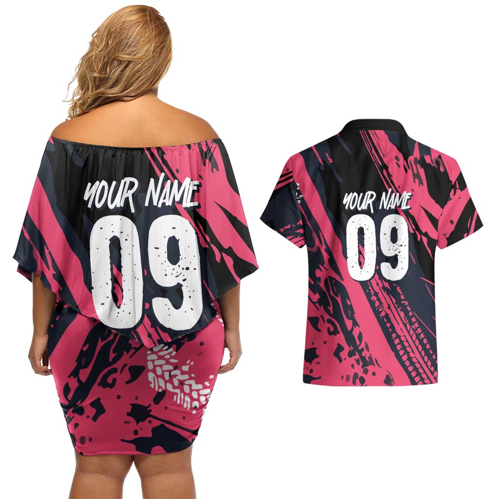 Custom Extreme Motocross Pink Couples Matching Off Shoulder Short Dress and Hawaiian Shirt with Bold Tire Track Graphics - Wonder Print Shop