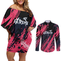 Custom Extreme Motocross Pink Couples Matching Off Shoulder Short Dress and Long Sleeve Button Shirt with Bold Tire Track Graphics - Wonder Print Shop