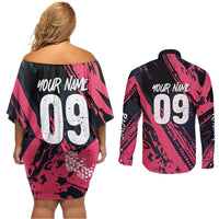 Custom Extreme Motocross Pink Couples Matching Off Shoulder Short Dress and Long Sleeve Button Shirt with Bold Tire Track Graphics - Wonder Print Shop