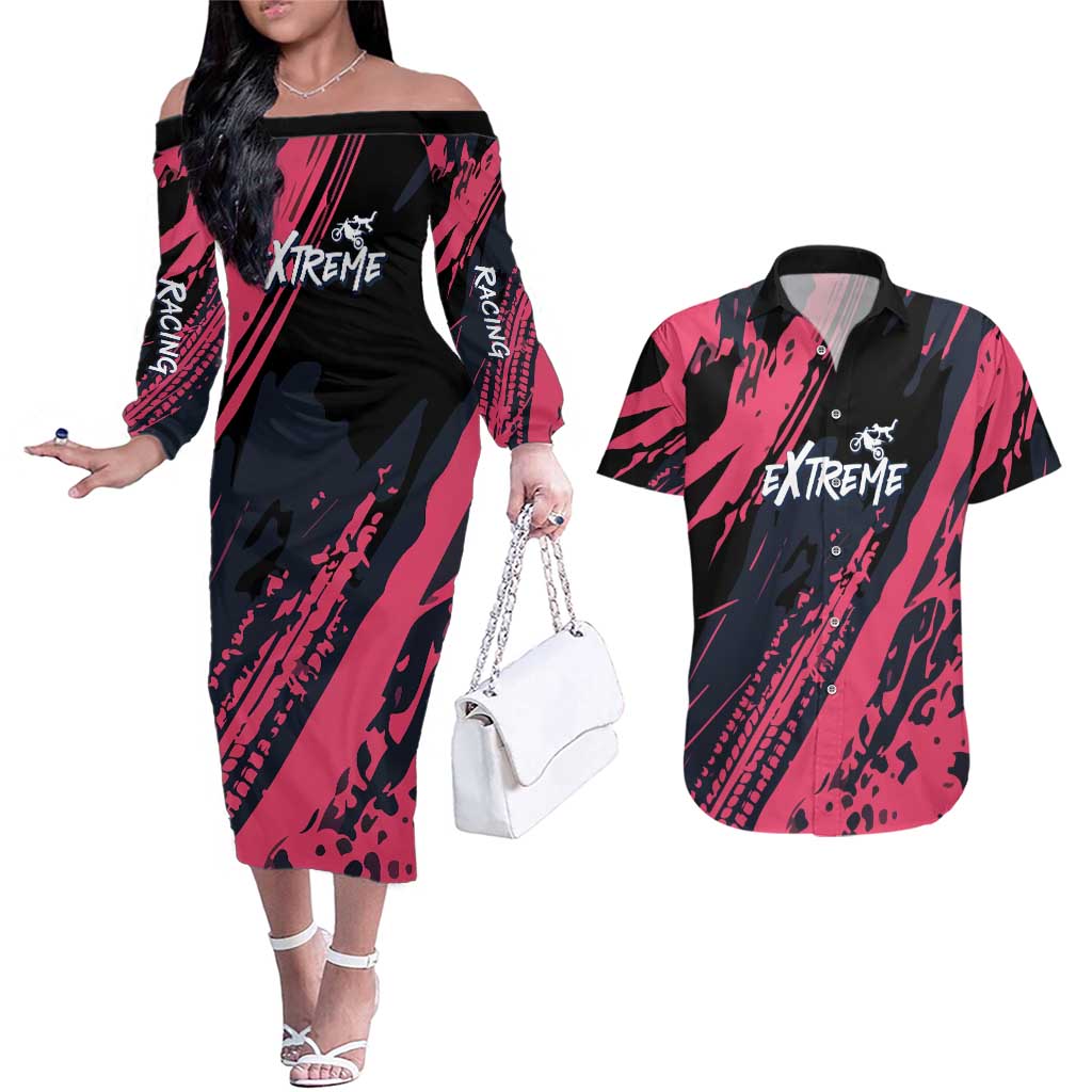 Custom Extreme Motocross Pink Couples Matching Off The Shoulder Long Sleeve Dress and Hawaiian Shirt with Bold Tire Track Graphics - Wonder Print Shop