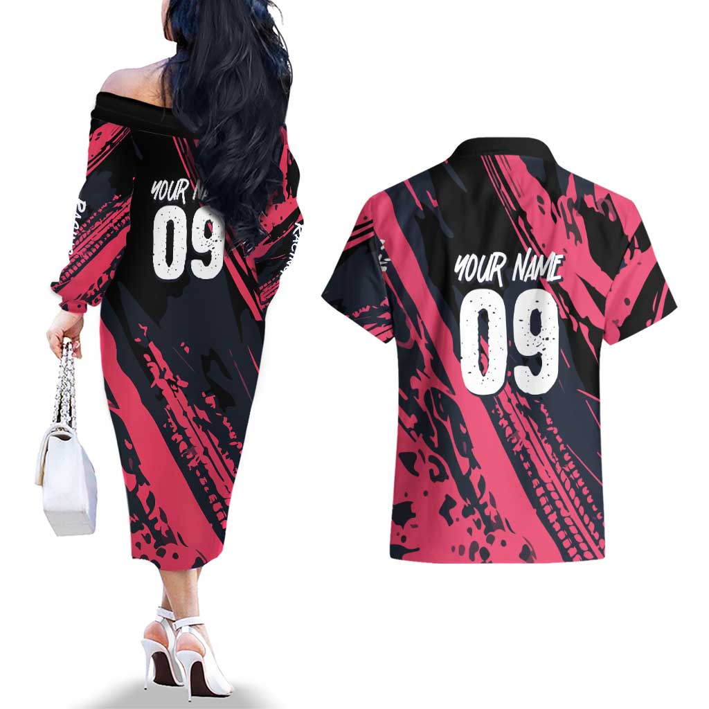 Custom Extreme Motocross Pink Couples Matching Off The Shoulder Long Sleeve Dress and Hawaiian Shirt with Bold Tire Track Graphics - Wonder Print Shop