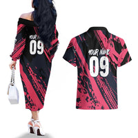 Custom Extreme Motocross Pink Couples Matching Off The Shoulder Long Sleeve Dress and Hawaiian Shirt with Bold Tire Track Graphics - Wonder Print Shop