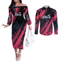 Custom Extreme Motocross Pink Couples Matching Off The Shoulder Long Sleeve Dress and Long Sleeve Button Shirt with Bold Tire Track Graphics - Wonder Print Shop
