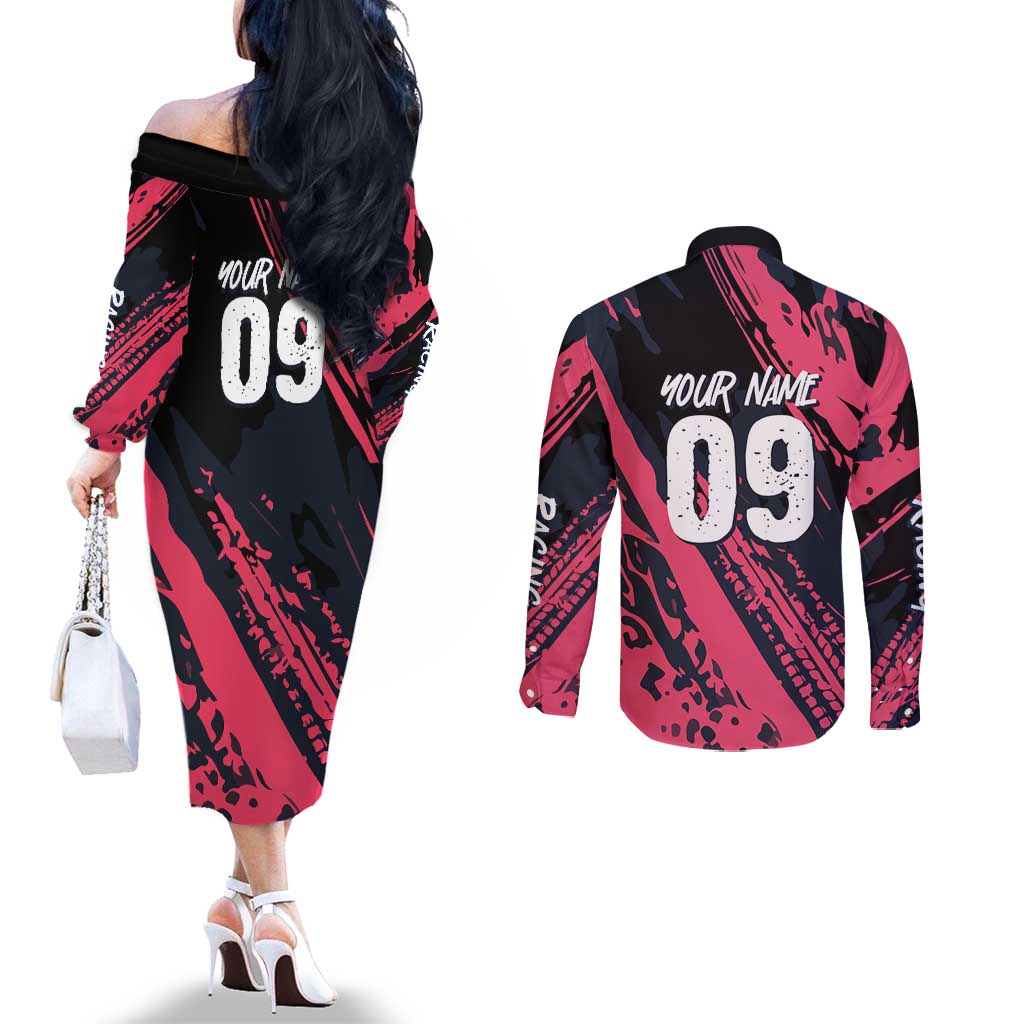 Custom Extreme Motocross Pink Couples Matching Off The Shoulder Long Sleeve Dress and Long Sleeve Button Shirt with Bold Tire Track Graphics - Wonder Print Shop
