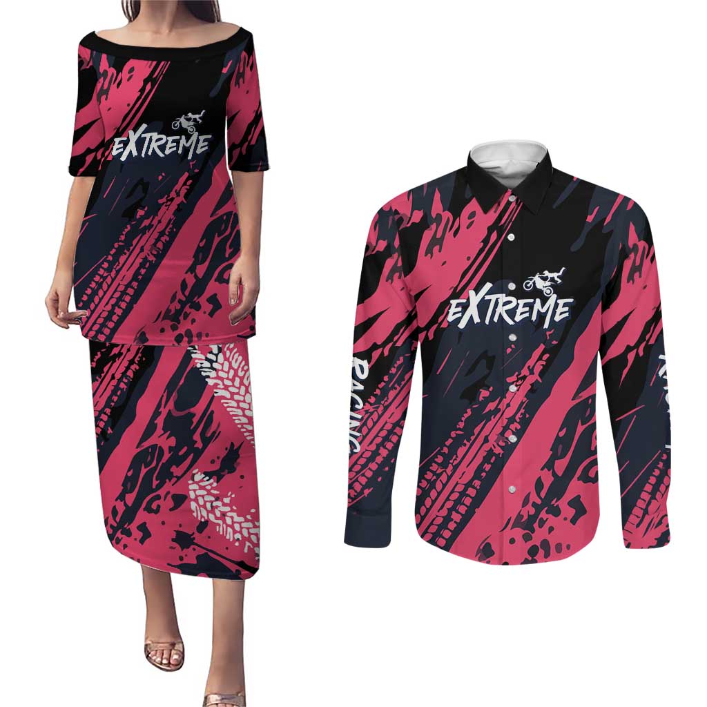 Custom Extreme Motocross Pink Couples Matching Puletasi and Long Sleeve Button Shirt with Bold Tire Track Graphics - Wonder Print Shop