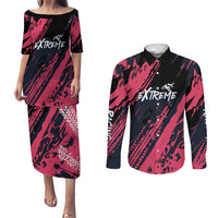 Custom Extreme Motocross Pink Couples Matching Puletasi and Long Sleeve Button Shirt with Bold Tire Track Graphics - Wonder Print Shop