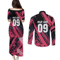 Custom Extreme Motocross Pink Couples Matching Puletasi and Long Sleeve Button Shirt with Bold Tire Track Graphics - Wonder Print Shop