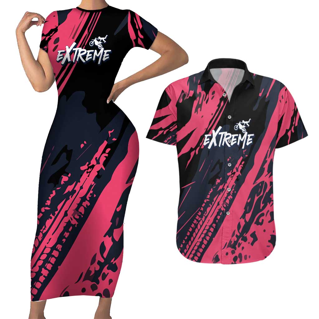 Custom Extreme Motocross Pink Couples Matching Short Sleeve Bodycon Dress and Hawaiian Shirt with Bold Tire Track Graphics - Wonder Print Shop