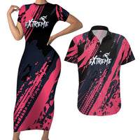 Custom Extreme Motocross Pink Couples Matching Short Sleeve Bodycon Dress and Hawaiian Shirt with Bold Tire Track Graphics - Wonder Print Shop