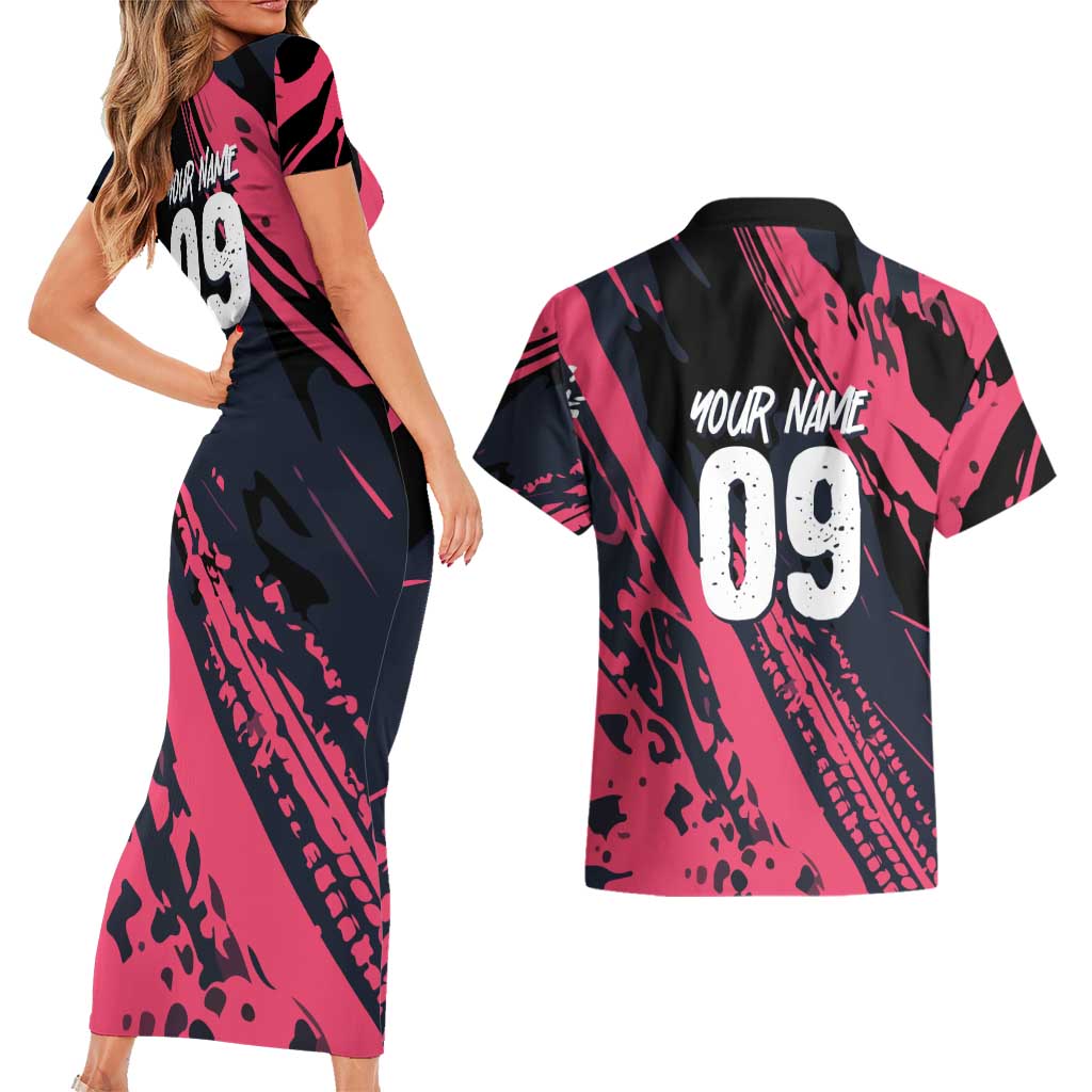 Custom Extreme Motocross Pink Couples Matching Short Sleeve Bodycon Dress and Hawaiian Shirt with Bold Tire Track Graphics - Wonder Print Shop