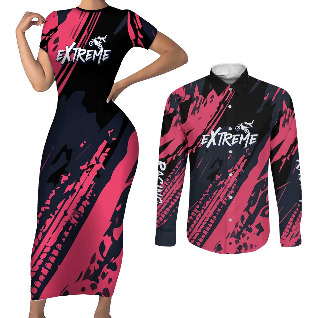 Custom Extreme Motocross Pink Couples Matching Short Sleeve Bodycon Dress and Long Sleeve Button Shirt with Bold Tire Track Graphics - Wonder Print Shop