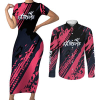Custom Extreme Motocross Pink Couples Matching Short Sleeve Bodycon Dress and Long Sleeve Button Shirt with Bold Tire Track Graphics - Wonder Print Shop