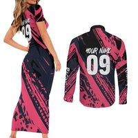 Custom Extreme Motocross Pink Couples Matching Short Sleeve Bodycon Dress and Long Sleeve Button Shirt with Bold Tire Track Graphics - Wonder Print Shop