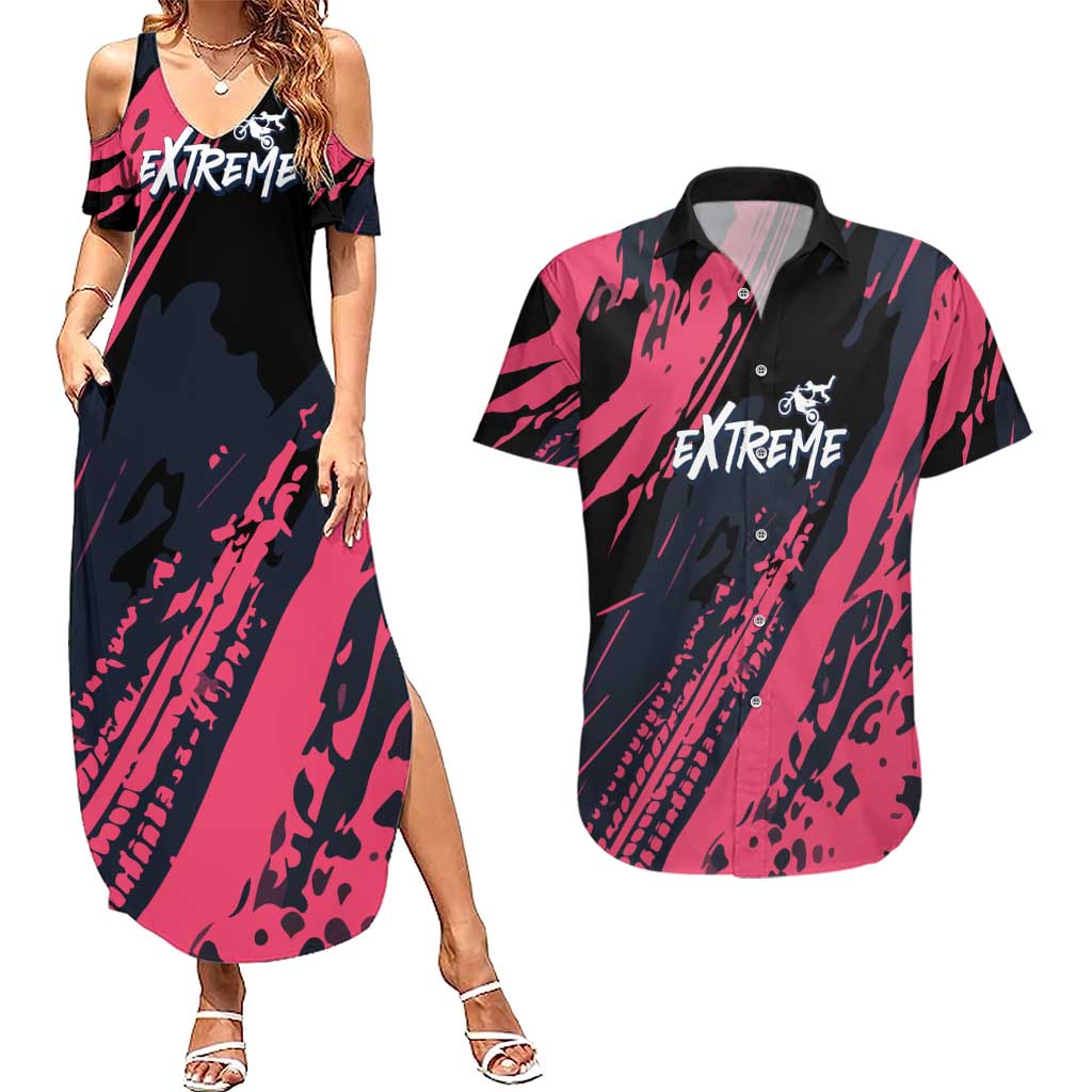 Custom Extreme Motocross Pink Couples Matching Summer Maxi Dress and Hawaiian Shirt with Bold Tire Track Graphics - Wonder Print Shop