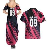 Custom Extreme Motocross Pink Couples Matching Summer Maxi Dress and Hawaiian Shirt with Bold Tire Track Graphics - Wonder Print Shop